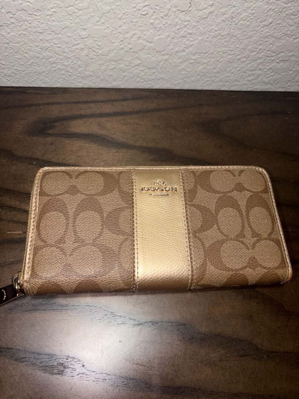 Coach Signature Canvas Long Zip Around Wallet with Metallic Stripe